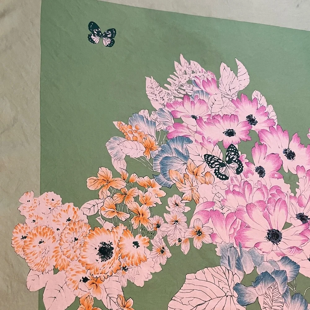 CHRISTIAN DIOR Green Floral Square Silk Scarf. 31x30. Made in France